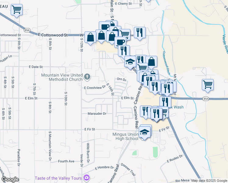 map of restaurants, bars, coffee shops, grocery stores, and more near 1610 Pinon Drive in Cottonwood