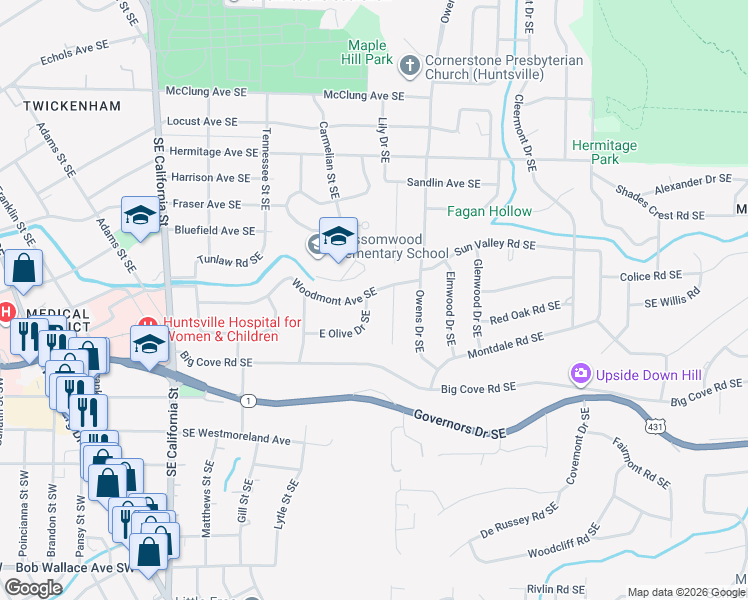 map of restaurants, bars, coffee shops, grocery stores, and more near 1420 East Olive Drive Southeast in Huntsville