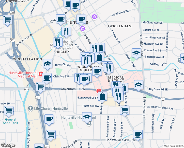 map of restaurants, bars, coffee shops, grocery stores, and more near 720 Gallatin Street Southwest in Huntsville