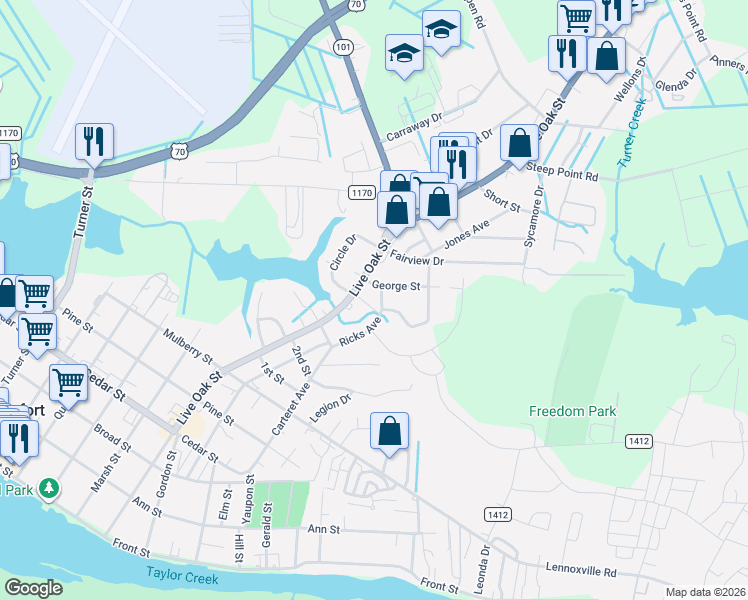 map of restaurants, bars, coffee shops, grocery stores, and more near 123 Sherwood Boulevard in Beaufort