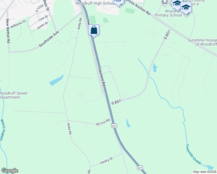 map of restaurants, bars, coffee shops, grocery stores, and more near 11601 U.S. 221 in Woodruff