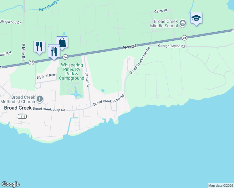 map of restaurants, bars, coffee shops, grocery stores, and more near 109 Pender Lane in Newport