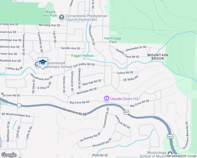 map of restaurants, bars, coffee shops, grocery stores, and more near 1705 Red Oak Road Southeast in Huntsville
