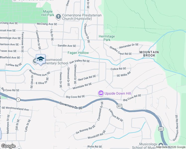 map of restaurants, bars, coffee shops, grocery stores, and more near 1705 Red Oak Road Southeast in Huntsville