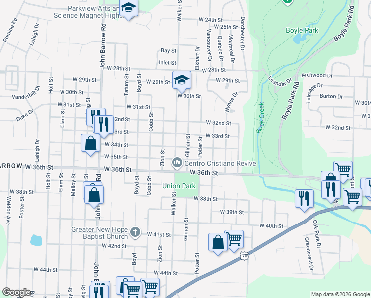 map of restaurants, bars, coffee shops, grocery stores, and more near 8101 West 34th Street in Little Rock
