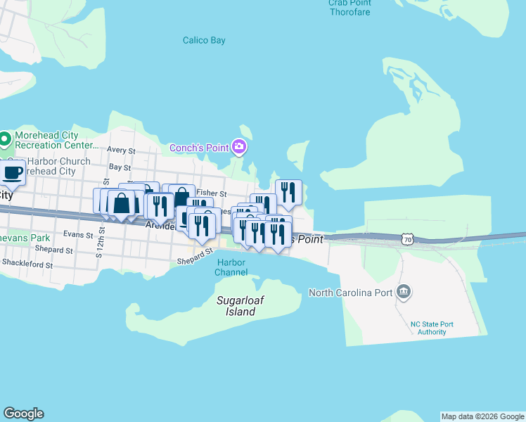map of restaurants, bars, coffee shops, grocery stores, and more near 500 Bridges Street in Morehead City