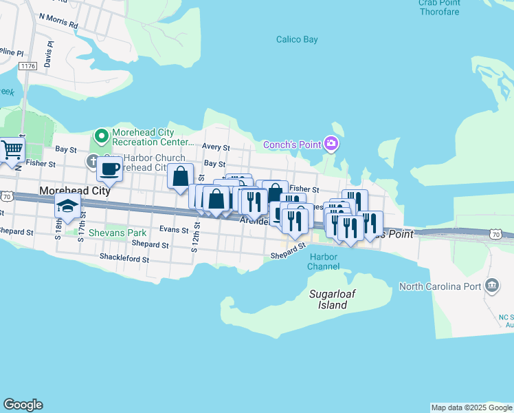 map of restaurants, bars, coffee shops, grocery stores, and more near 907 Bridges Street in Morehead City