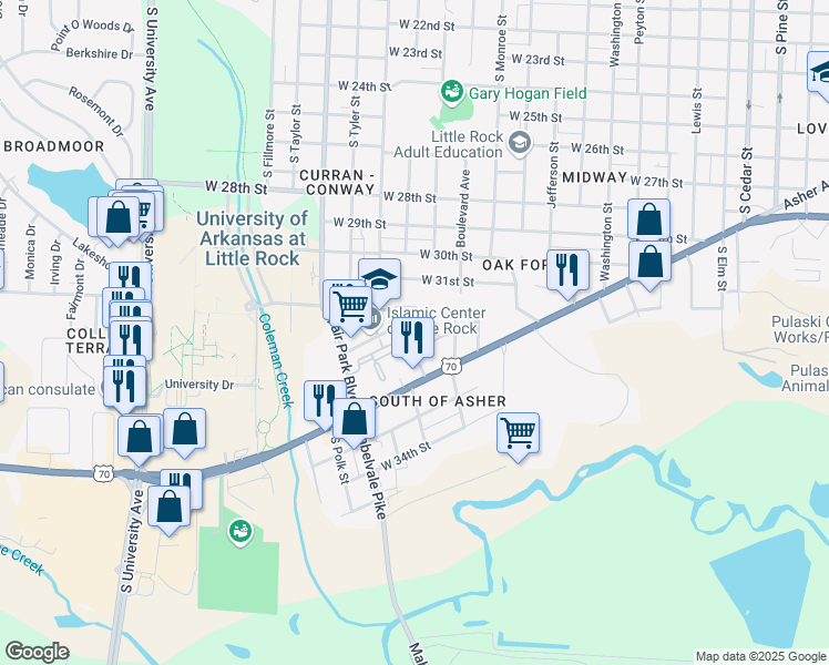 map of restaurants, bars, coffee shops, grocery stores, and more near 3214 Mary St in Little Rock