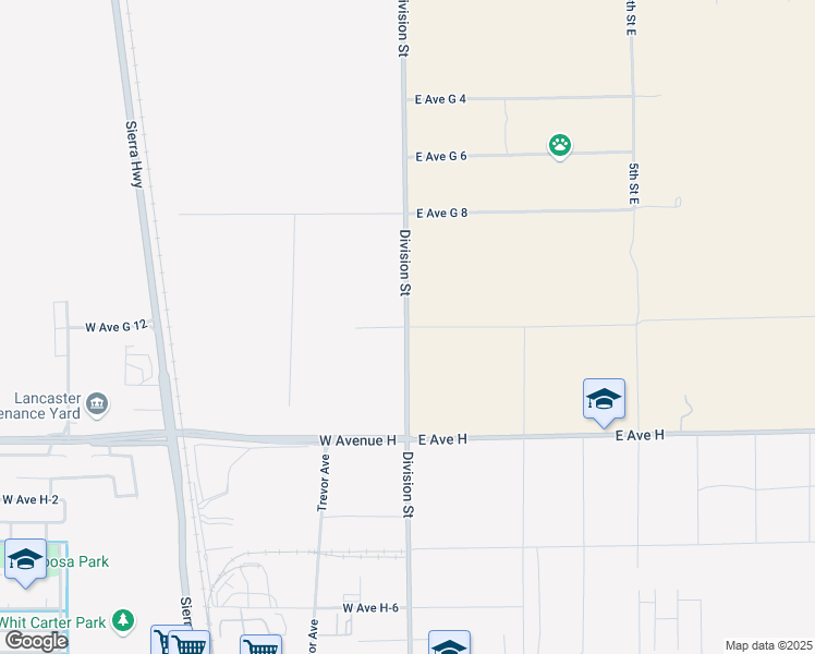 map of restaurants, bars, coffee shops, grocery stores, and more near 1 East Avenue G 12 in Lancaster