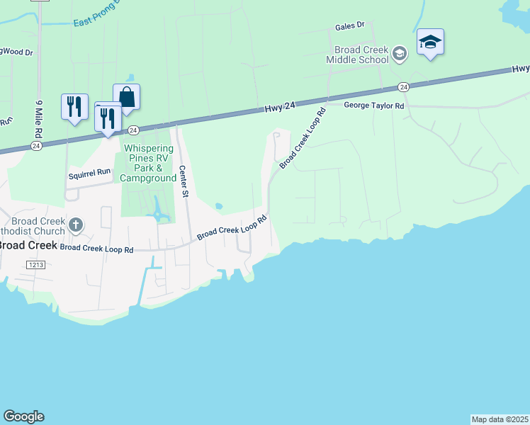map of restaurants, bars, coffee shops, grocery stores, and more near 278 Broad Creek Loop Road in Newport