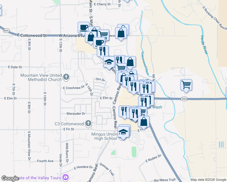map of restaurants, bars, coffee shops, grocery stores, and more near 950 Camino Real in Cottonwood