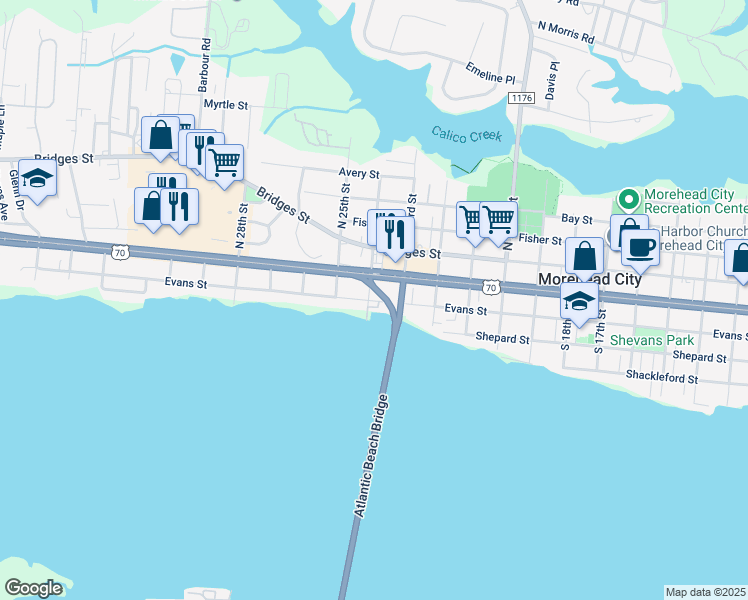 map of restaurants, bars, coffee shops, grocery stores, and more near Atlantic Beach Causeway in Morehead City