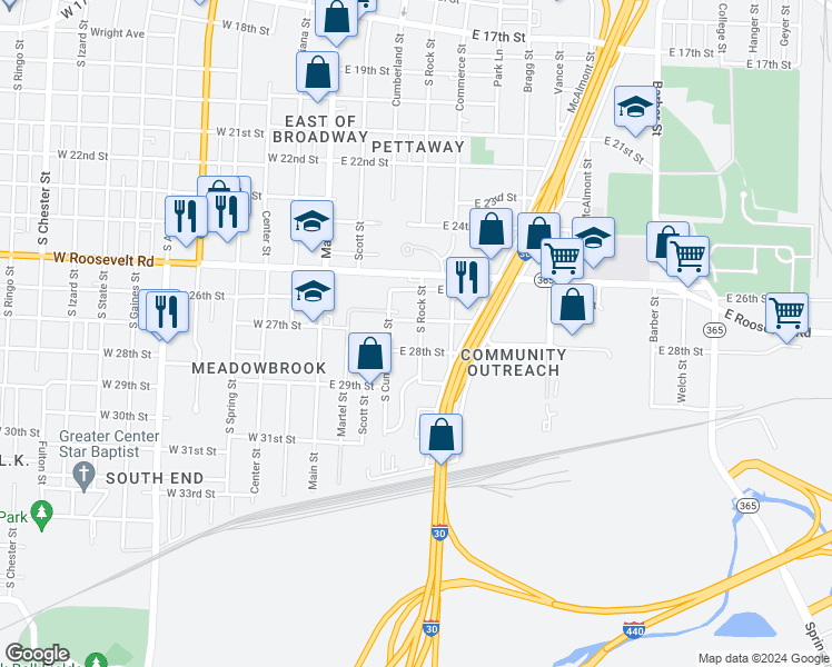 map of restaurants, bars, coffee shops, grocery stores, and more near 2715 South Cumberland Street in Little Rock