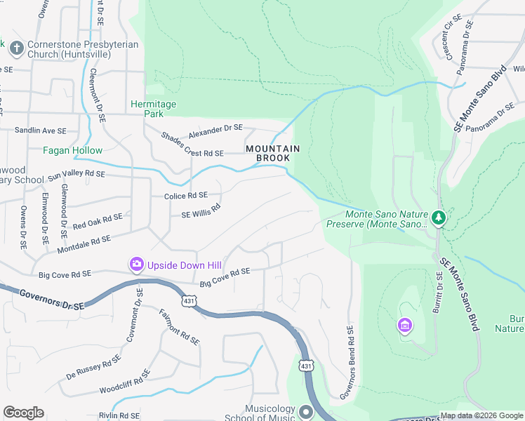map of restaurants, bars, coffee shops, grocery stores, and more near 1818 Southeast Mountainbrook Drive in Huntsville