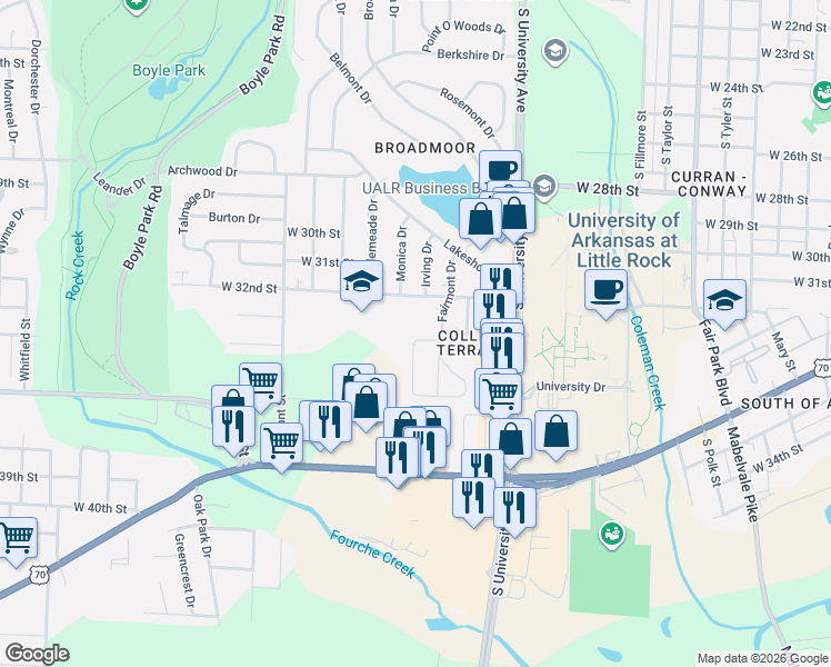 map of restaurants, bars, coffee shops, grocery stores, and more near 67 Purdue Circle in Little Rock