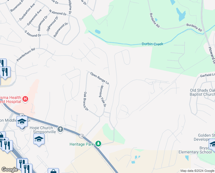 map of restaurants, bars, coffee shops, grocery stores, and more near 39 Open Range Lane in Simpsonville