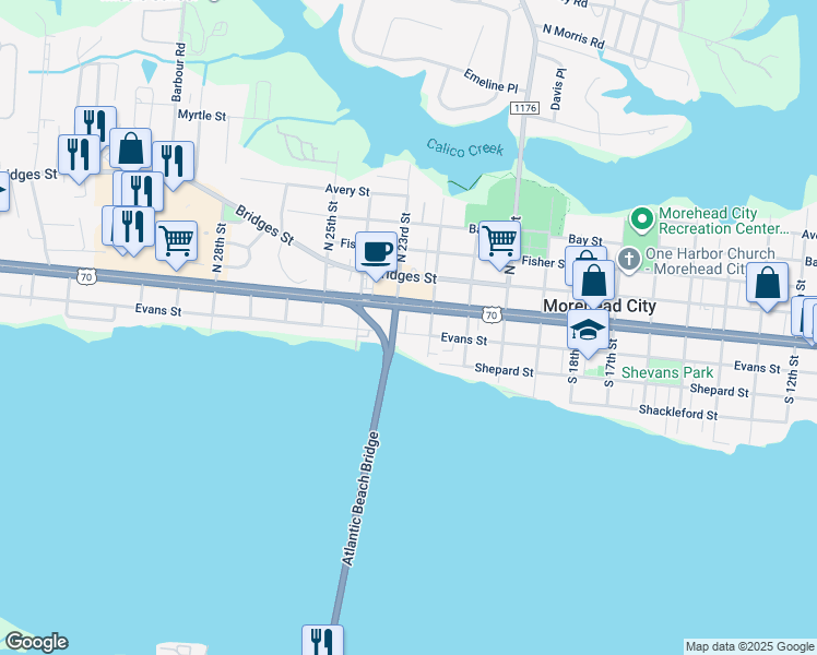 map of restaurants, bars, coffee shops, grocery stores, and more near 2208 Evans Street in Morehead City