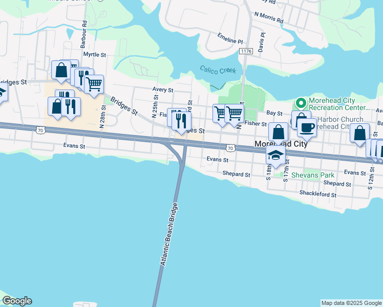 map of restaurants, bars, coffee shops, grocery stores, and more near 2208 Evans Street in Morehead City