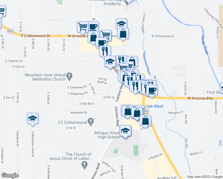 map of restaurants, bars, coffee shops, grocery stores, and more near 1720 East Elm Street in Cottonwood