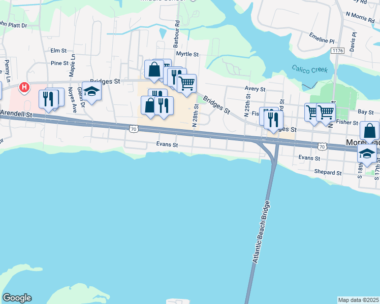 map of restaurants, bars, coffee shops, grocery stores, and more near 2801 Evans Street in Morehead City