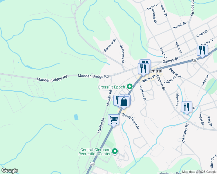 map of restaurants, bars, coffee shops, grocery stores, and more near 104 Perry Lane in Central