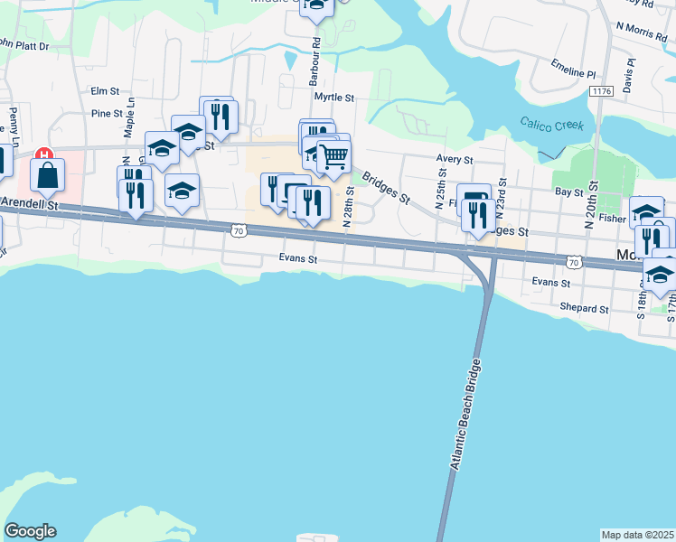 map of restaurants, bars, coffee shops, grocery stores, and more near 2801 Evans Street in Morehead City