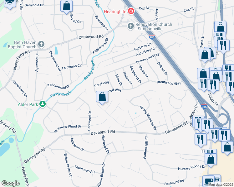 map of restaurants, bars, coffee shops, grocery stores, and more near 17 Yolon Way in Simpsonville
