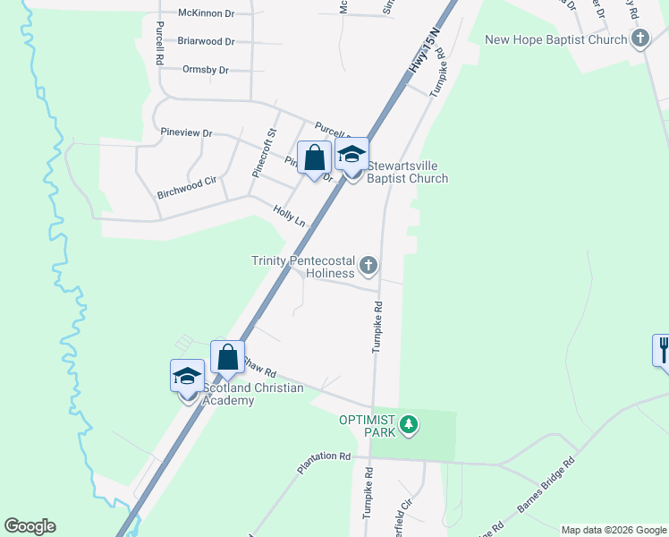 map of restaurants, bars, coffee shops, grocery stores, and more near 10145 McColl Road in Laurinburg