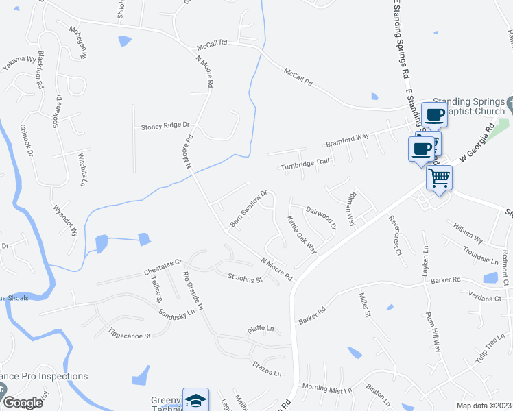 map of restaurants, bars, coffee shops, grocery stores, and more near 601 Barn Swallow Drive in Simpsonville