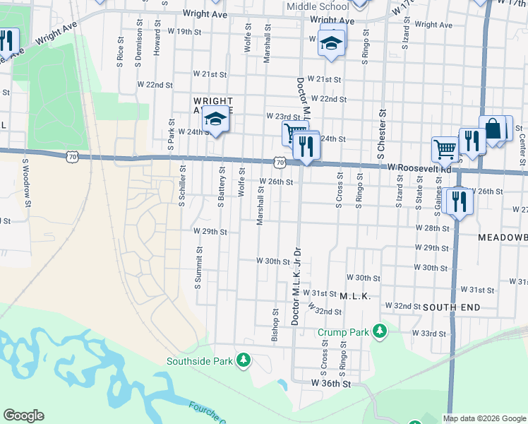 map of restaurants, bars, coffee shops, grocery stores, and more near 1623 West 28th Street in Little Rock