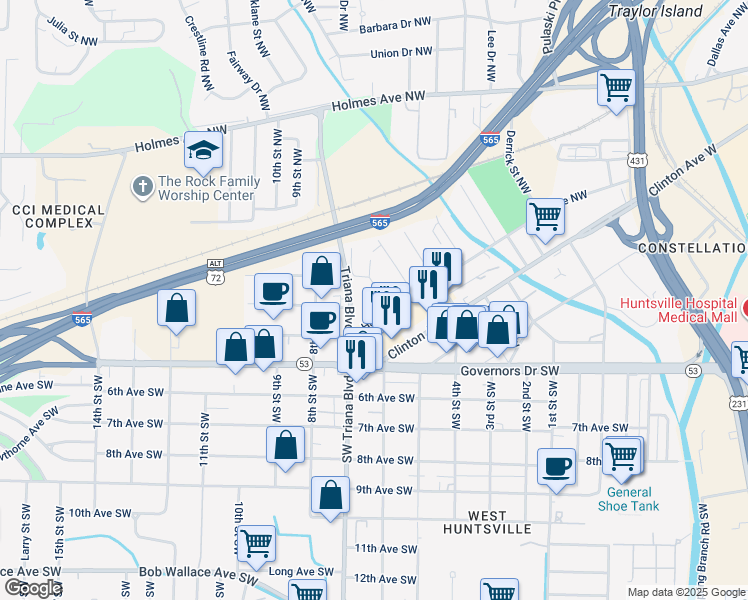 map of restaurants, bars, coffee shops, grocery stores, and more near 208 Triana Boulevard Northwest in Huntsville
