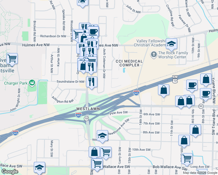 map of restaurants, bars, coffee shops, grocery stores, and more near 370 Jack Coleman Drive Northwest in Huntsville