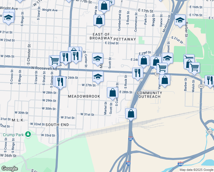 map of restaurants, bars, coffee shops, grocery stores, and more near 210A East 28th Street in Little Rock