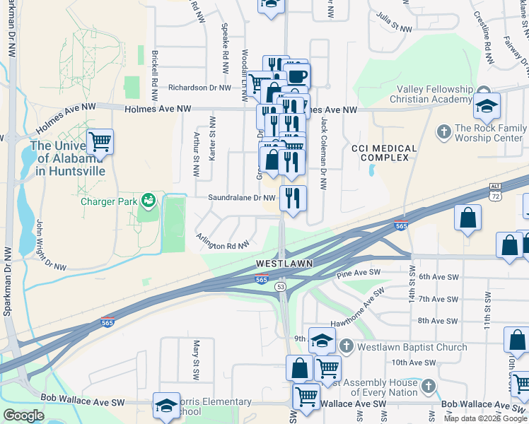 map of restaurants, bars, coffee shops, grocery stores, and more near 40 Cloverdale Drive Northwest in Huntsville