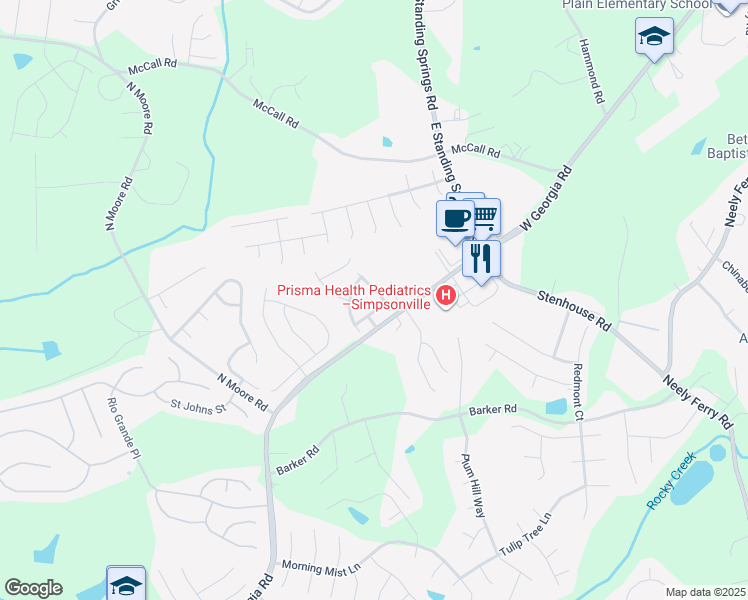 map of restaurants, bars, coffee shops, grocery stores, and more near 118 Karland Drive in Simpsonville
