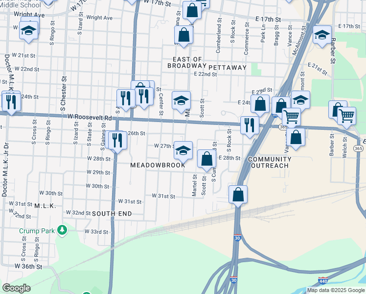 map of restaurants, bars, coffee shops, grocery stores, and more near 115 West 27th Street in Little Rock