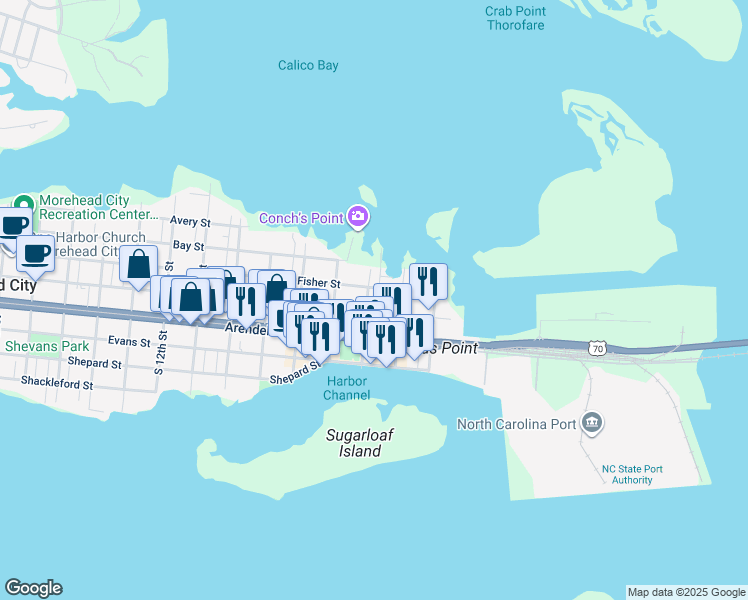 map of restaurants, bars, coffee shops, grocery stores, and more near 204 North 6th Street in Morehead City