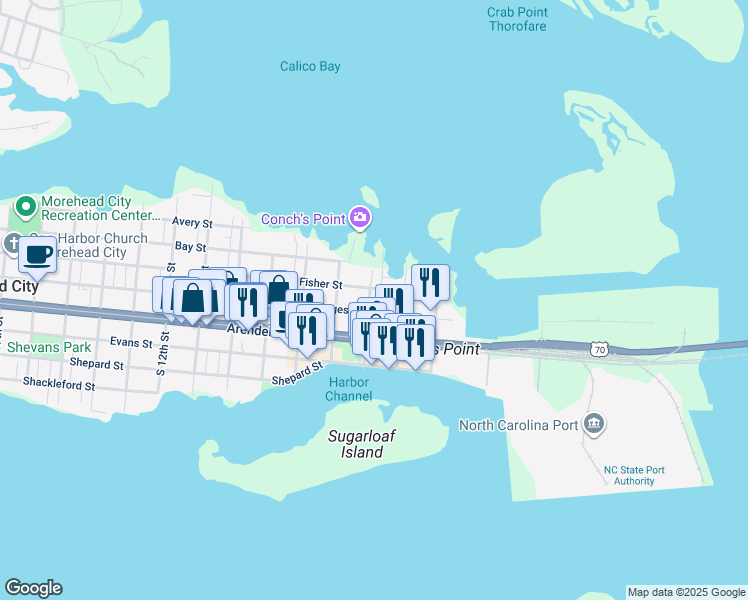 map of restaurants, bars, coffee shops, grocery stores, and more near 204 North 6th Street in Morehead City