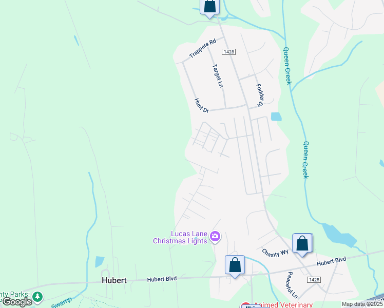 map of restaurants, bars, coffee shops, grocery stores, and more near 306 West Meetinghouse Drive in Hubert