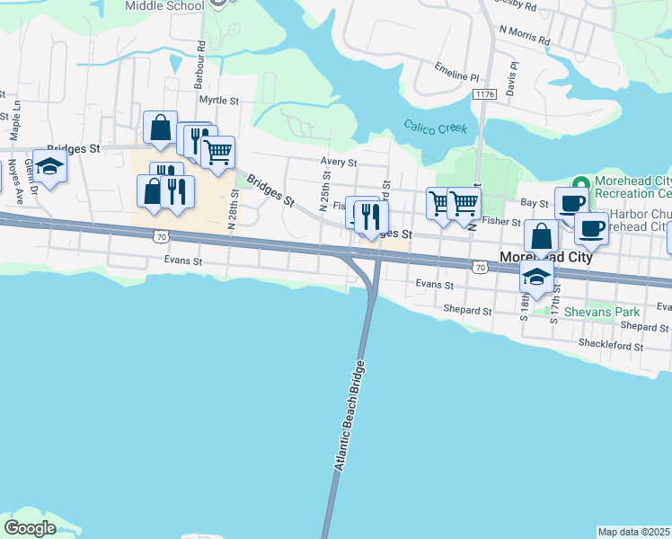 map of restaurants, bars, coffee shops, grocery stores, and more near Atlantic Beach Causeway in Morehead City