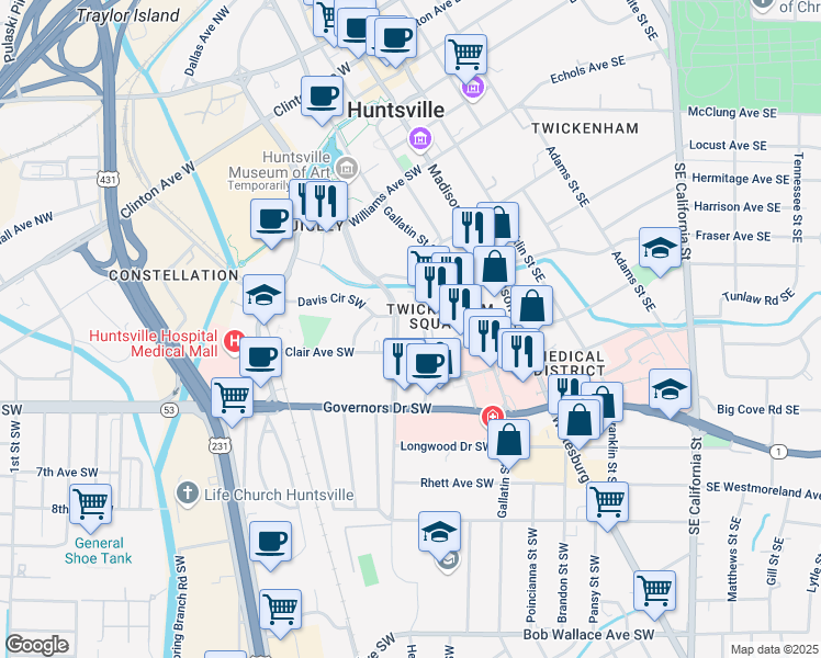 map of restaurants, bars, coffee shops, grocery stores, and more near 700 Dorothy Ford Lane in Huntsville