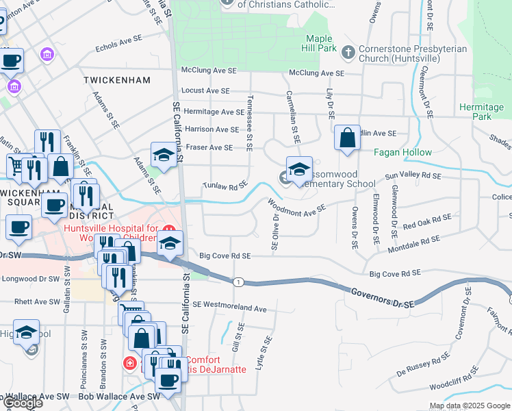 map of restaurants, bars, coffee shops, grocery stores, and more near 1505 Lowell Drive Southeast in Huntsville