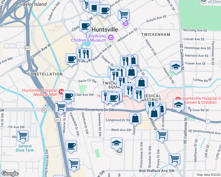 map of restaurants, bars, coffee shops, grocery stores, and more near 700 Dorothy Ford Lane in Huntsville
