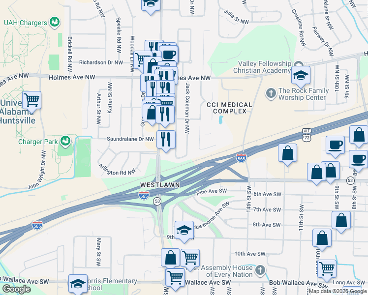 map of restaurants, bars, coffee shops, grocery stores, and more near 370 Jack Coleman Drive Northwest in Huntsville