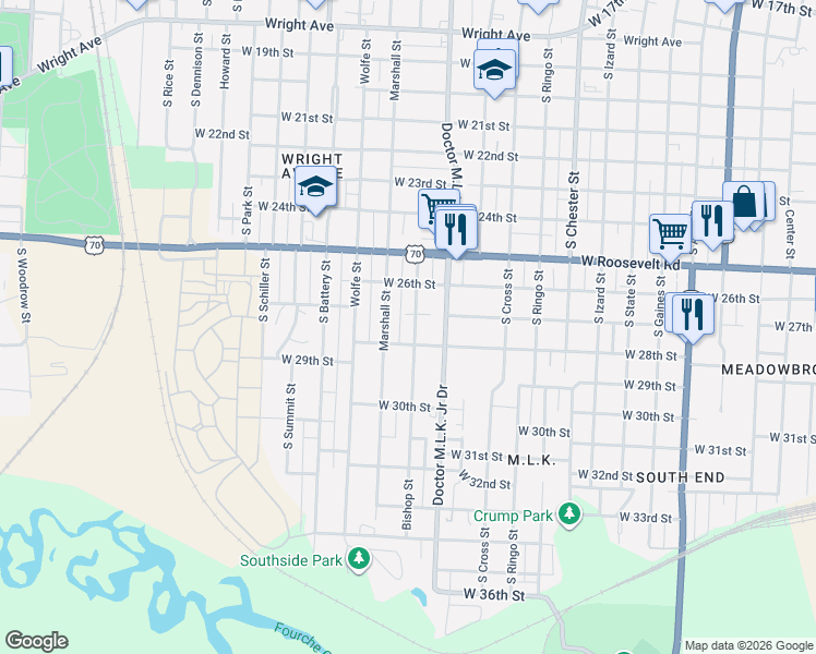 map of restaurants, bars, coffee shops, grocery stores, and more near 1623 West 28th Street in Little Rock