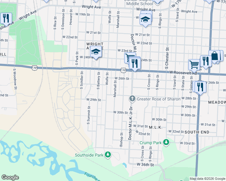 map of restaurants, bars, coffee shops, grocery stores, and more near 1623 West 28th Street in Little Rock