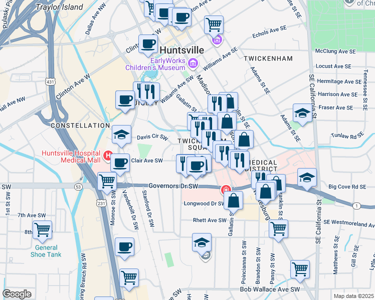 map of restaurants, bars, coffee shops, grocery stores, and more near 700 Dorothy Ford Lane in Huntsville