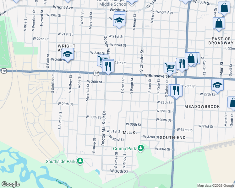 map of restaurants, bars, coffee shops, grocery stores, and more near 2722 South Cross Street in Little Rock