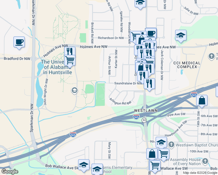 map of restaurants, bars, coffee shops, grocery stores, and more near 4308 Arlington Road Northwest in Huntsville