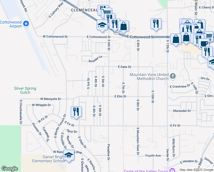 map of restaurants, bars, coffee shops, grocery stores, and more near 940 South 6th Street in Cottonwood